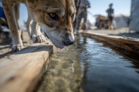 Close up of a thirsty dog drinking fresh water from a wooden trough on a sunny day. The scene highlights animal hydration and rural life in a hot climate.の素材