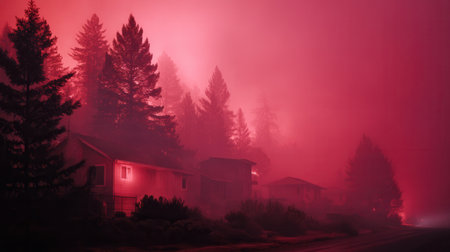 Suburban homes and pine trees silhouette against intense red smoke. The scene conveys danger and the eerie glow of disaster, ideal for climate change concepts.の素材