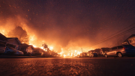 Massive wildfire glowing orange over a residential street with houses and cars at night. An apocalyptic scene illustrating the devastation of natural disasters and climate change.の素材