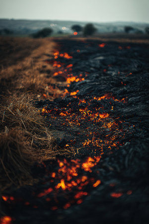 Smoldering orange embers glow on blackened scorched earth next to dry grass. A dramatic scene of fire aftermath representing destruction, wildfire danger and environmental damage.の素材
