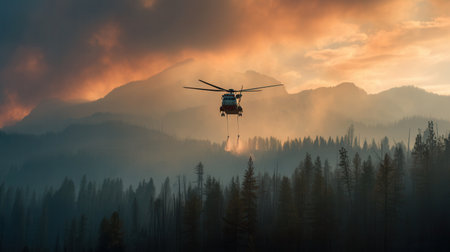 A firefighting helicopter flies over a burning forest with thick smoke. The scene captures wildfire intensity at sunset with dramatic orange lighting for disaster and climate news.の素材