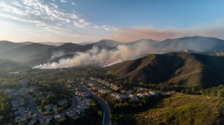 Aerial view of thick wildfire smoke rising behind a residential neighborhood in the hills. Scene depicts danger and natural disaster impact on suburban areas.の素材