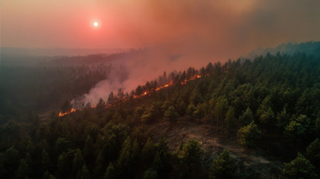 Aerial shot captures a raging wildfire consuming a pine forest under a red sun. The scene highlights environmental disaster and climate change impact for news and ecology projects.の素材