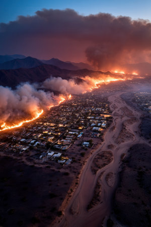 Aerial view of massive wildfire burning mountain ridge near residential neighborhood night. Scene depicts danger climate change impact. Perfect for news reports covering natural disasters.の素材