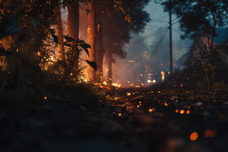 Glowing embers scatter across a dark forest path during a wildfire. The scene evokes danger and destruction, suitable for climate change and disaster concepts.の素材