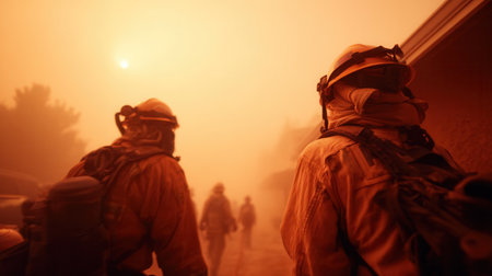 Firefighters in full gear walk through dense orange smoke during a wildfire. The scene captures bravery and danger in a hazy environment. Perfect for news about natural disasters.の素材