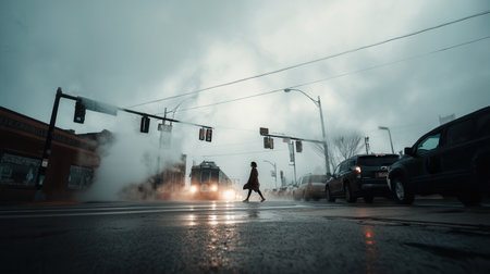 Pedestrian crosses wet city street amidst heavy fog and steam. Cinematic moody scene features traffic lights and waiting cars. Ideal for urban mystery or atmospheric travel concepts.の素材