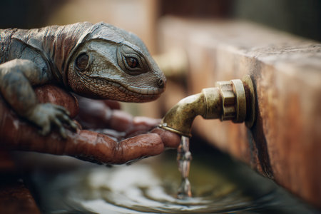 Close up of a lizard resting on a hand drinking water from a brass tap. This scene captures thirst and animal care with a rustic mood, perfect for wildlife conservation themes.の素材