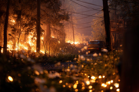 A car stands on a road as a fierce wildfire burns the surrounding forest at night. The scene conveys danger and destruction, suitable for news about climate change or disaster alerts.の素材