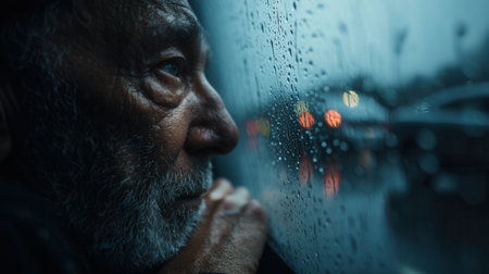 Close up of a senior man looking out a rainy window with a sad expression. The scene conveys loneliness and nostalgia. Suitable for social themes and dramatic storytelling.の素材