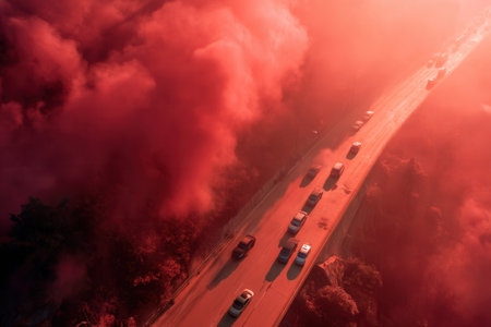 Aerial view of highway traffic enveloped in thick red smoke during wildfire. Dramatic scene conveys danger and urgency, ideal for disaster, apocalypse and climate change concepts.の素材