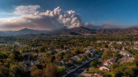 Panoramic view showing massive wildfire smoke plume rising from mountains behind suburban neighborhood. Concept of natural disaster, climate change and danger to residential areas.の素材