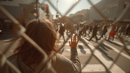 Woman watches busy street crowd through chain-link fence. Urban separation concept with warm sunlight and blurred background. Themes of isolation, longing and city life.の素材