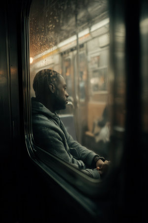 A young African American man sits in a subway car looking out a rain-streaked window. Cinematic moody scene conveys urban loneliness and contemplation for travel or emotional concepts.の素材