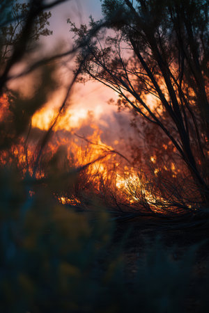 Raging wildfire flames consume dry vegetation through dark branches. This scene conveys heat, danger and environmental destruction, suitable for ecology and climate change concepts.の素材