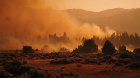 Thick orange smoke rises from a burning forest, shrouding pine trees in a hazy glow. A dramatic landscape symbolizing environmental disaster, climate change and natural destruction.の素材