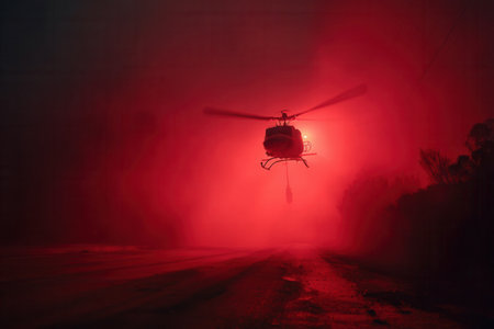 Helicopter hovers low over road engulfed in thick red smoke. Scene suggests wildfire operation or emergency rescue. Ideal for danger, emergency services, and dramatic storytelling.の素材