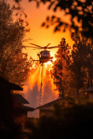 A helicopter drops water on a wildfire near houses during sunset. The silhouette against the orange sky conveys urgency. Perfect for news or environmental themes.の素材