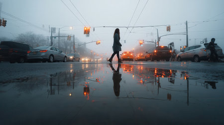 Woman crossing wet asphalt road in city fog. Urban scene with traffic lights, cars, and puddle reflections creates a moody atmosphere. Ideal for cinematic city concepts and weather themes.の素材