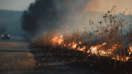 Flames consume dry grass along a roadside as thick smoke fills the air and a car drives past. This scene highlights the danger of wildfires and environmental damage.の素材