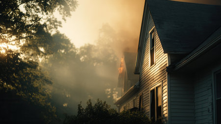 Residential house burning with thick smoke rising against sunset light. Dramatic structure fire scene for insurance, disaster, and emergency concepts.の素材