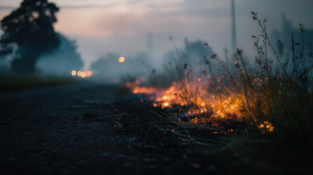 Burning dry grass borders asphalt road with glowing sparks and smoke at twilight. Scene evokes environmental danger and dramatic atmosphere. Ideal for ecology or safety concepts.の素材
