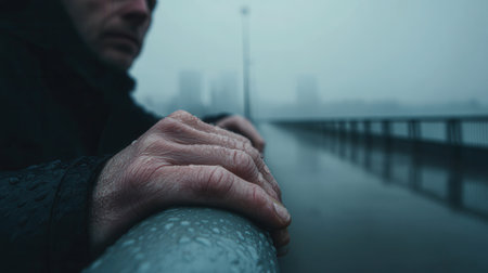 Close-up of a man's hand on a wet railing during a rainy day. The blurry foggy city background creates a lonely melancholic atmosphere. Ideal for emotional storytelling concepts.の素材