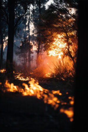 Raging wildfire consumes pine forest with intense orange flames and smoke. A dramatic scene illustrating environmental destruction, danger, and climate change impact.の素材