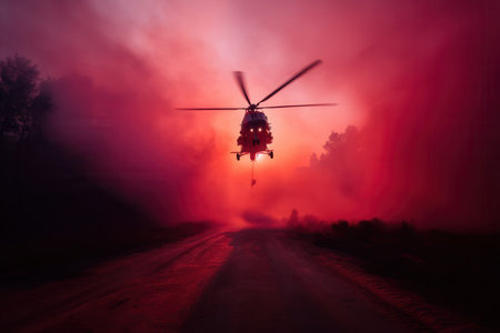Rescue helicopter hovering over road amidst thick red smoke during wildfire. Dramatic atmospheric scene depicting danger and emergency response. Ideal for disaster concepts.の素材