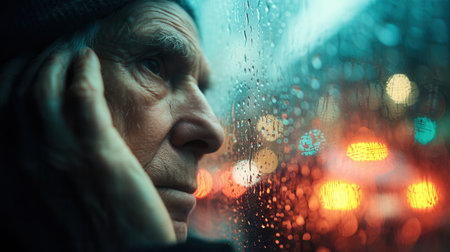 Close up of senior man looking through glass with raindrops. Melancholic mood with colorful city lights bokeh. Perfect for aging, loneliness, and emotional themes.の素材