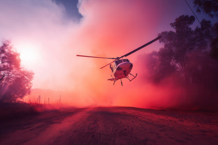 Helicopter flies low over a road engulfed in red smoke during a wildfire operation. The scene depicts emergency response and danger, suitable for news and dramatic themes.の素材