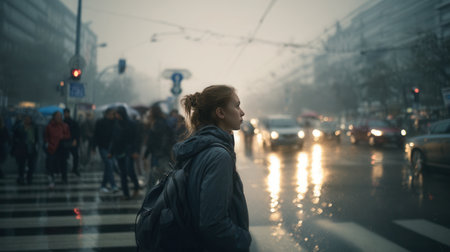 Young woman with backpack stands near a crosswalk on a foggy rainy day. The moody urban scene captures solitude and travel. Ideal for city lifestyle and weather concepts.の素材