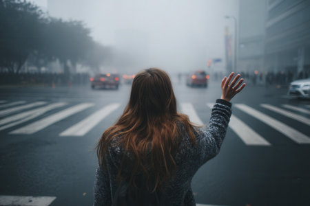 Rear view of woman raising hand at crosswalk in misty city. Atmospheric urban scene with wet asphalt and traffic lights suitable for travel or mood concepts.の素材