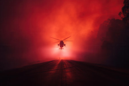 Silhouette of a rescue helicopter hovering over a road engulfed in thick red smoke from a wildfire. Dramatic and dangerous atmosphere suitable for emergency or disaster concepts.の素材