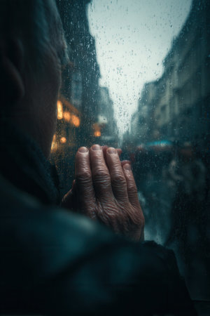 Close up of senior hands touching wet window pane looking at rainy city street. Melancholic scene evokes loneliness and hope. Perfect for aging or emotional concepts.の素材