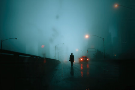 A lone silhouette walks along a wet, foggy city street illuminated by streetlights. The scene evokes a moody, mysterious, and cinematic atmosphere suitable for thriller concepts.の素材