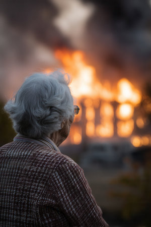 Rear view of elderly woman watching raging fire consuming building. Concept of tragedy, loss and disaster. Image for news reports, emergency services or insurance.の素材