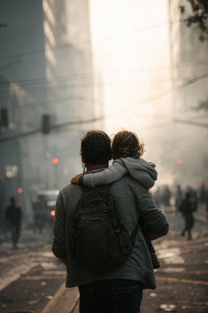 Rear view of father carrying child through smoky destroyed city street. Scene depicts survival, war aftermath and refugee crisis. Ideal for dramatic storytelling and social issues.の素材