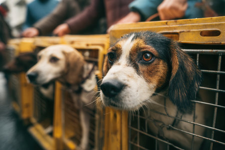 Close up of a tricolor hound dog looking through bars of a yellow plastic crate. The animal waits with a sad expression during transport or an event. Ideal for animal welfare topics.の素材