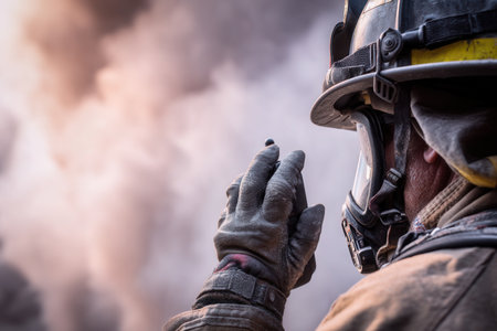 Close up of a firefighter in helmet and mask communicating via radio against thick smoke background. Concept of danger, rescue and emergency service work.の素材
