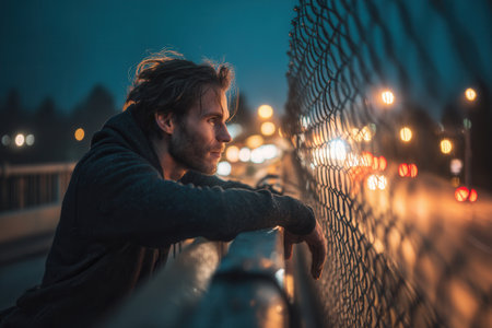 Young man leans on railing watching city lights through fence. Cinematic night scene conveys loneliness and contemplation. Perfect for urban lifestyle or mental health visuals.の素材