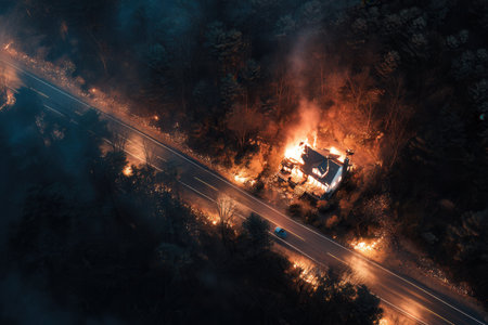 Drone shot captures house engulfed in flames near dark forest road at night. Dramatic scene highlights disaster and emergency concepts. Ideal for news, safety or cinematic themes.の素材