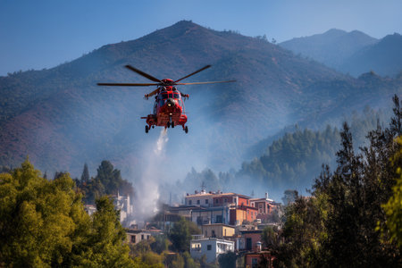 A red firefighting helicopter drops water on a village near smoky mountains. This scene highlights emergency response and wildfire control efforts, suitable for news and safety campaigns.の素材