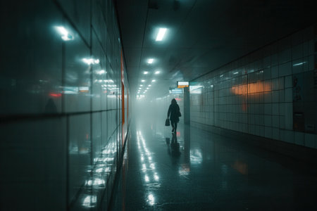 Silhouette walking through long dark tiled tunnel with reflections. Moody cinematic urban atmosphere conveying mystery and solitude. Ideal for thriller concepts and backgrounds.の素材