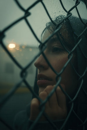 Close-up of a sad girl looking through a wet chain-link fence on a rainy night. The moody atmosphere suggests loneliness or entrapment, perfect for dramatic social concepts.の素材