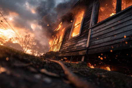 Wooden house engulfed in fierce flames with sparks flying against a sunset sky. Dramatic scene of destruction and heat ideal for fire safety, insurance and disaster concepts.の素材
