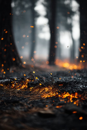 Close view of burning embers on dark forest ground with rising sparks. Dramatic wildfire scene with smoke and bokeh. Perfect for ecology and danger concepts.の素材