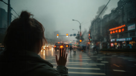 Rear view of woman touching rain-streaked window overlooking blurry urban street with traffic lights. Ideal for moody, emotional, and travel concepts depicting solitude or waiting.の素材