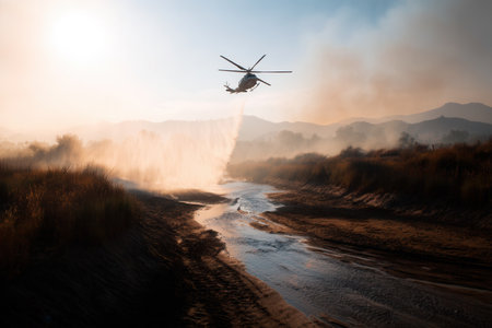 Helicopter drops water to extinguish wildfire over riverbed in smoky landscape. Dramatic scene of emergency response suitable for news on natural disasters and climate change.の素材