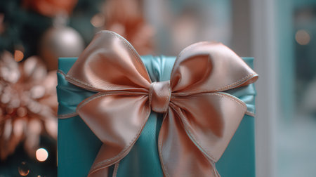 Close-up of an elegant teal gift box with a large rose gold satin bow. The festive scene with bokeh lights creates a mood of celebration and surprise. Ideal for holiday promotions.の素材